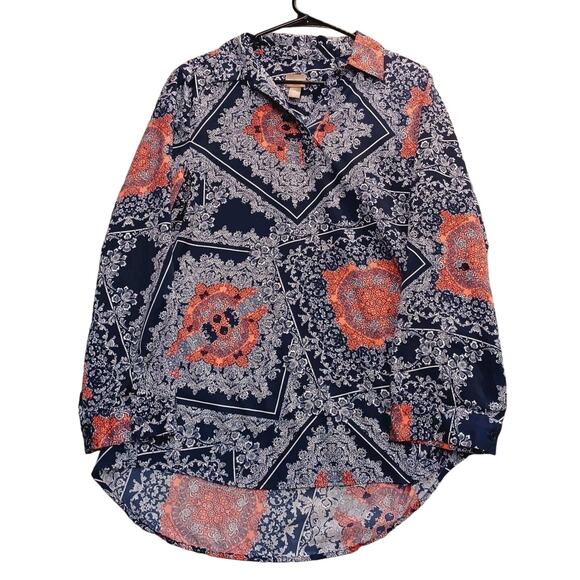 Chicos Top Womans 2 Lg Blue Floral Roll Tab Sleeve V Neck Pullover Blouse Boho - Picture 1 of 6